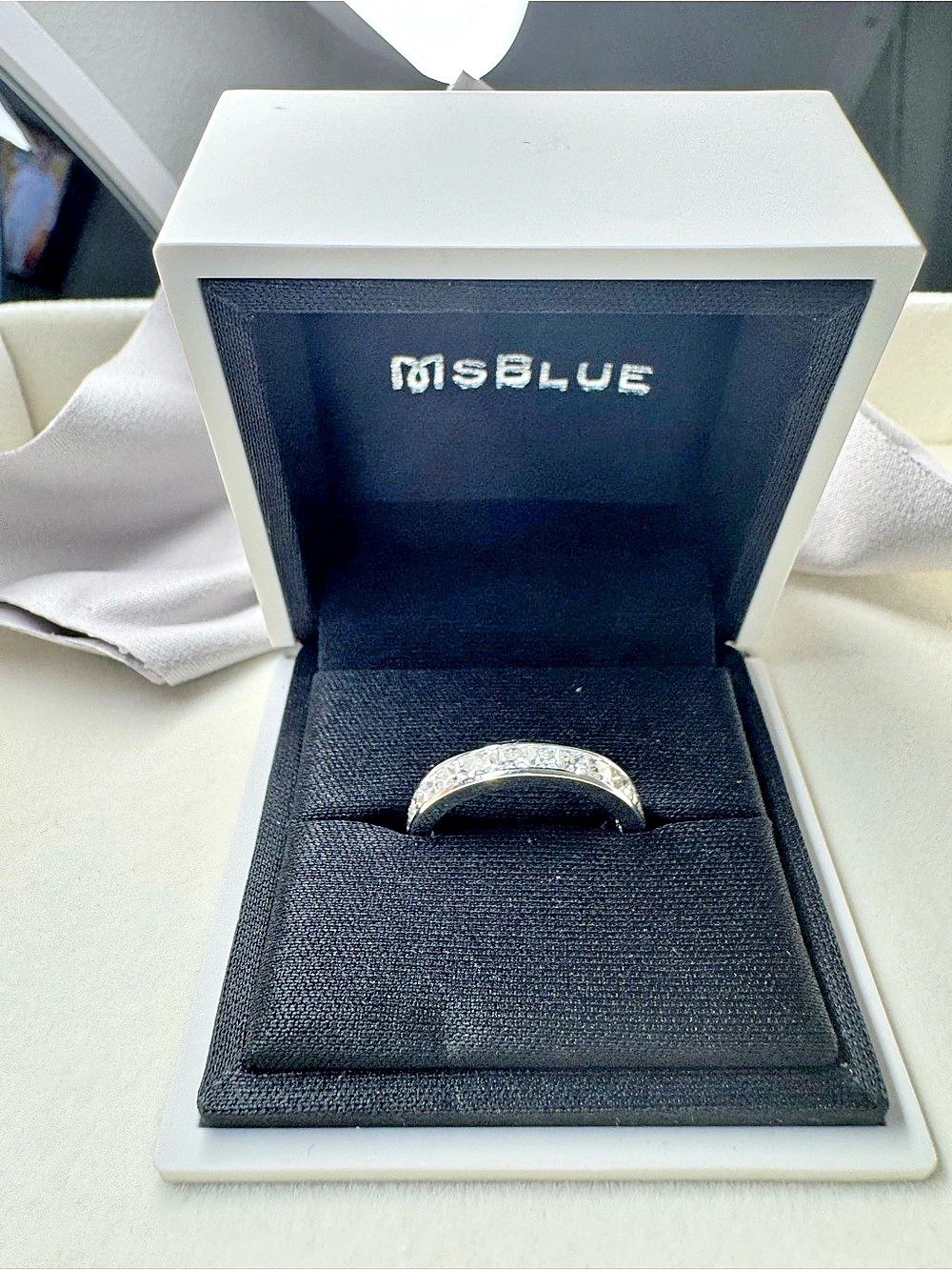MSBLUE 2.5 CT Round Moissanite Channel Set Eternity Band, Silver